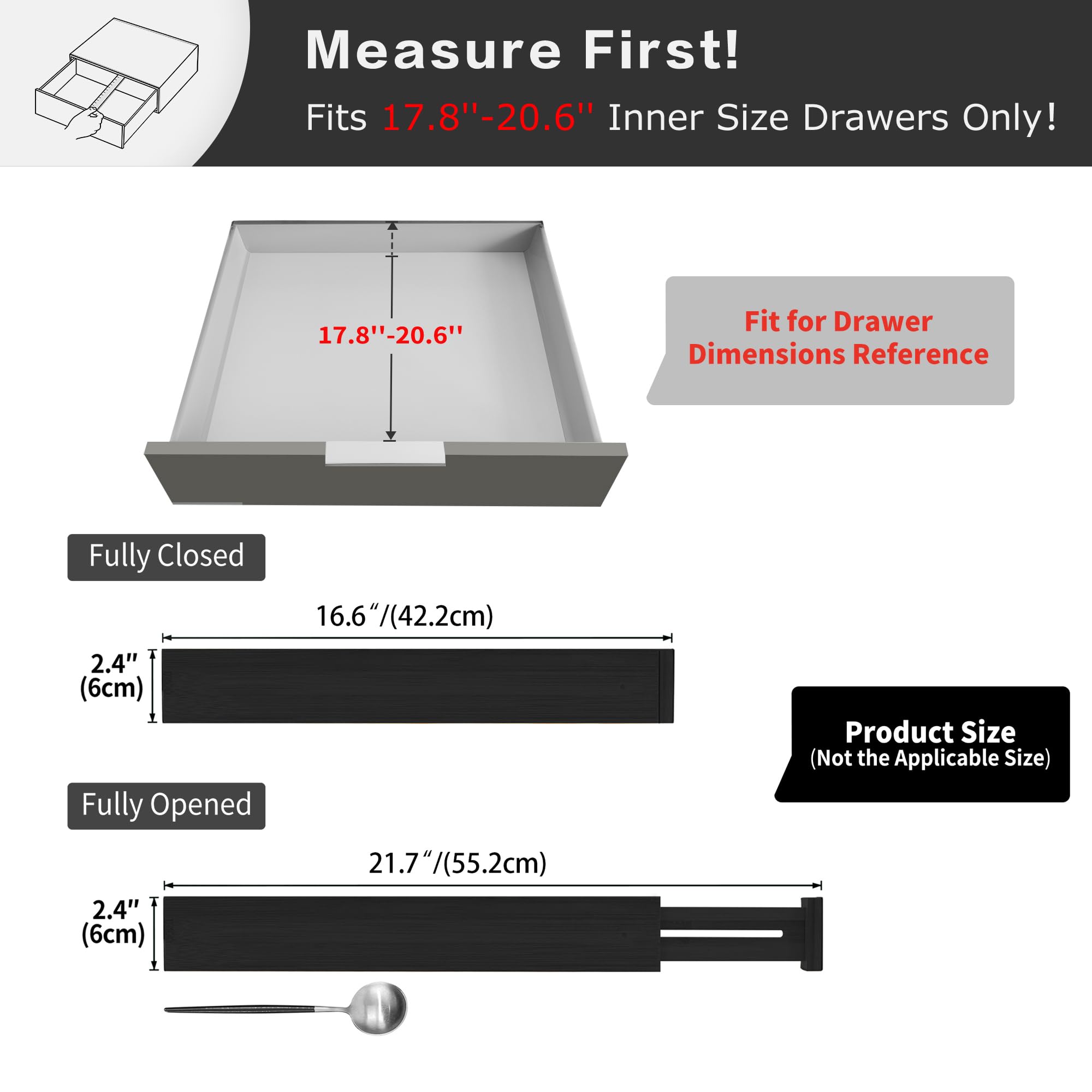 Utoplike 4 pcs Bamboo Kitchen Drawer Dividers Large, Adjustable Black Drawer Organizers, Spring Loaded, Works in Kitchen, Dresse