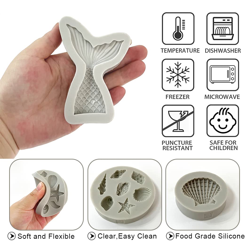 Fantasybear Mermaid Silicone Mold,Mermaid Tail,Seashell,Conch,Starfish Silicone Mold For Cupcake Toppers,Candy,Chocolate,Fondant
