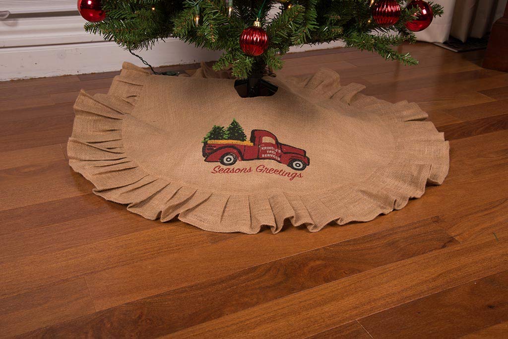 36 Tan Tree Skirt with Ruffled Edge and Vintage Red Truck Delivering Christmas Trees