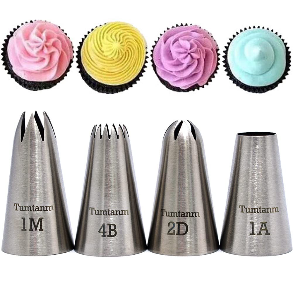Tumtanm Professional Large Piping Nozzles, 4Pcs Stainless Steel Seamless Icing Piping Nozzle Tip Set For Cakes, Cupcakes And Bak
