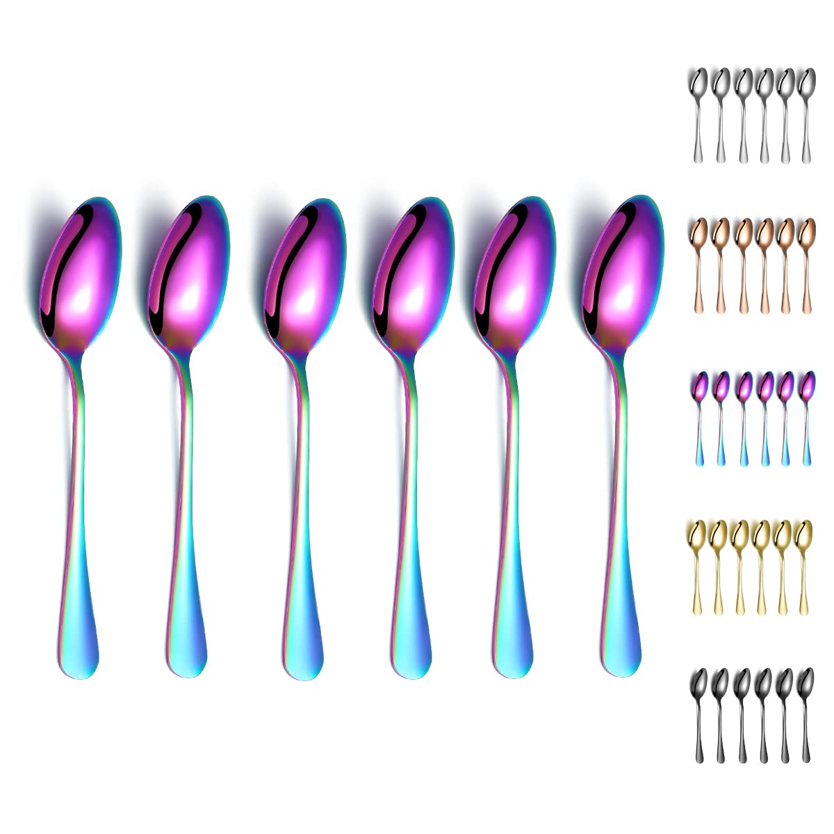 Rainbow Dinner Spoons, Kyraton 6 Pieces 7.5'' Stainless Steel Table Spoon With Titanium Colorful Plating, Rainbow Soup Spoons, D