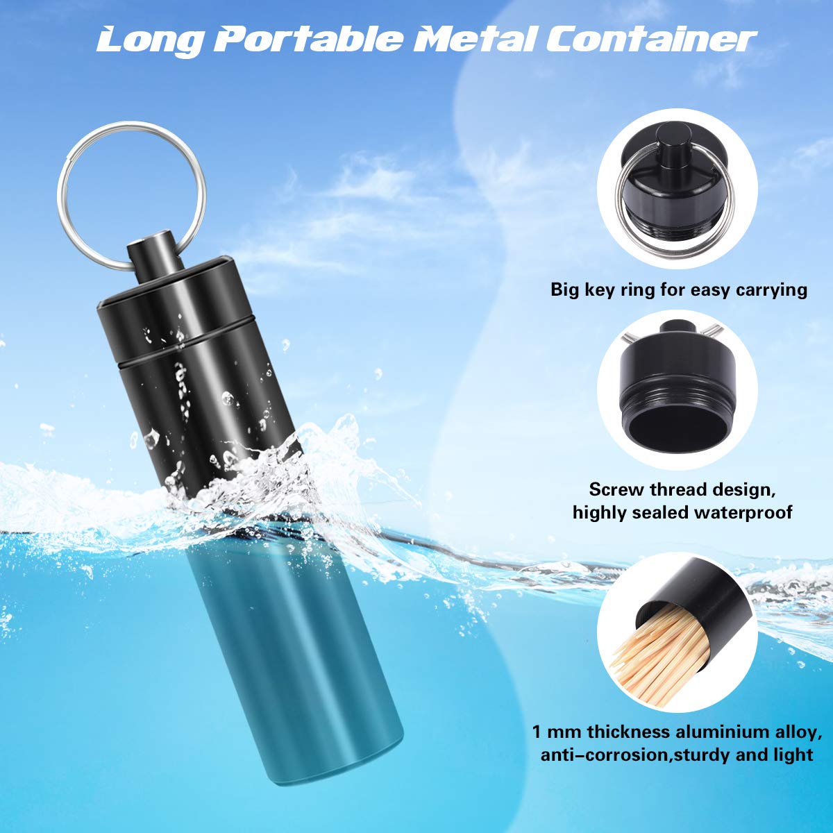 Minisland Large Portable Metal Aluminum Toothpick Holders Keychain Pocket Outdoor Travel Small Q-Tips Pill Containers Waterproof