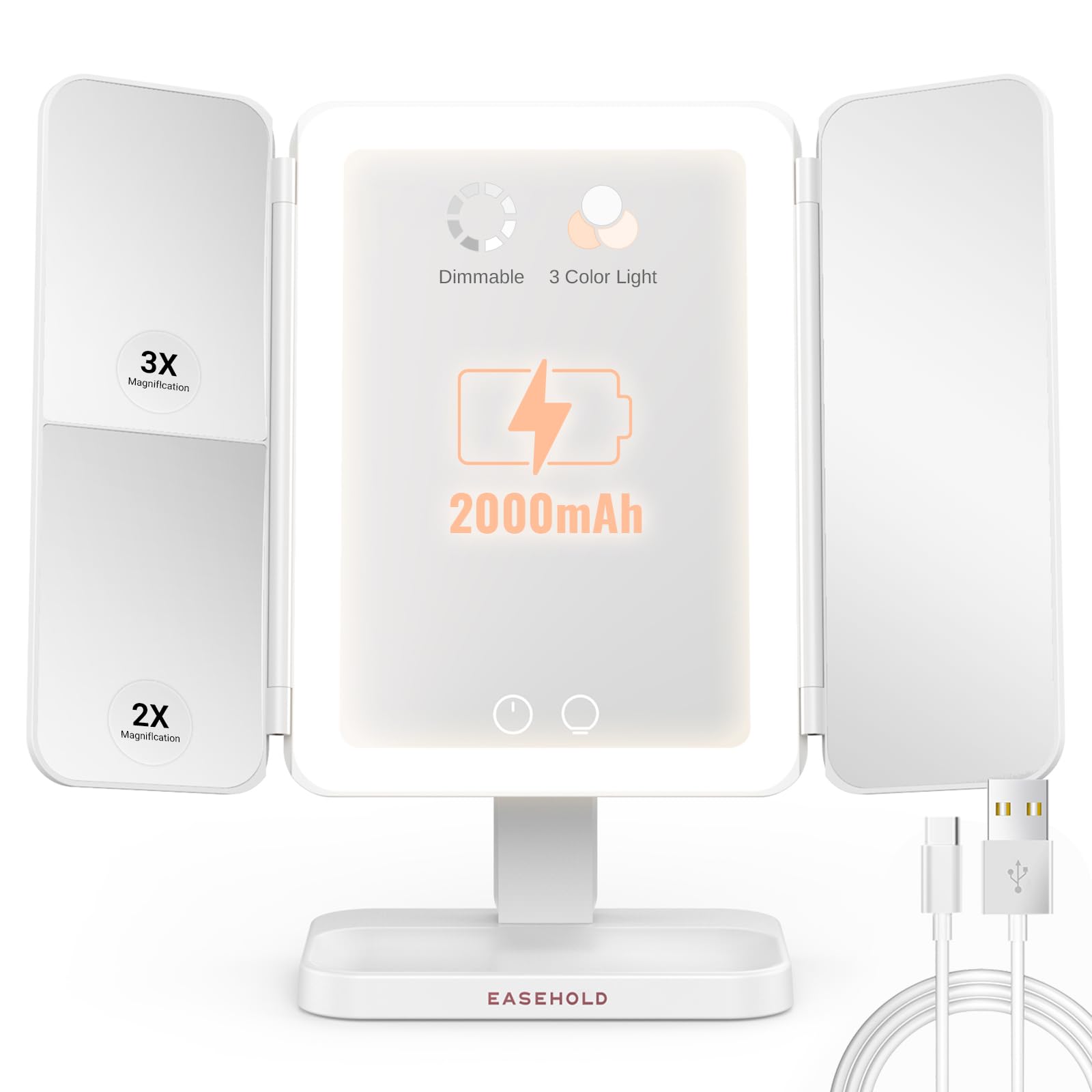 Easehold Lighted Makeup Mirror, Rechargable Vanity Mirror With Magnification, 2X 3X, Trifold Makeup Mirror With Touch Control, 3