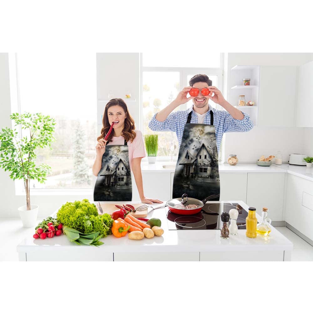 Beabes Haunted House Chef Apron 27 X 31 Inch, Halloween Castle Haunted House Wooden Tree Moon Non-Pilling Bib Apron For Bbq Gril