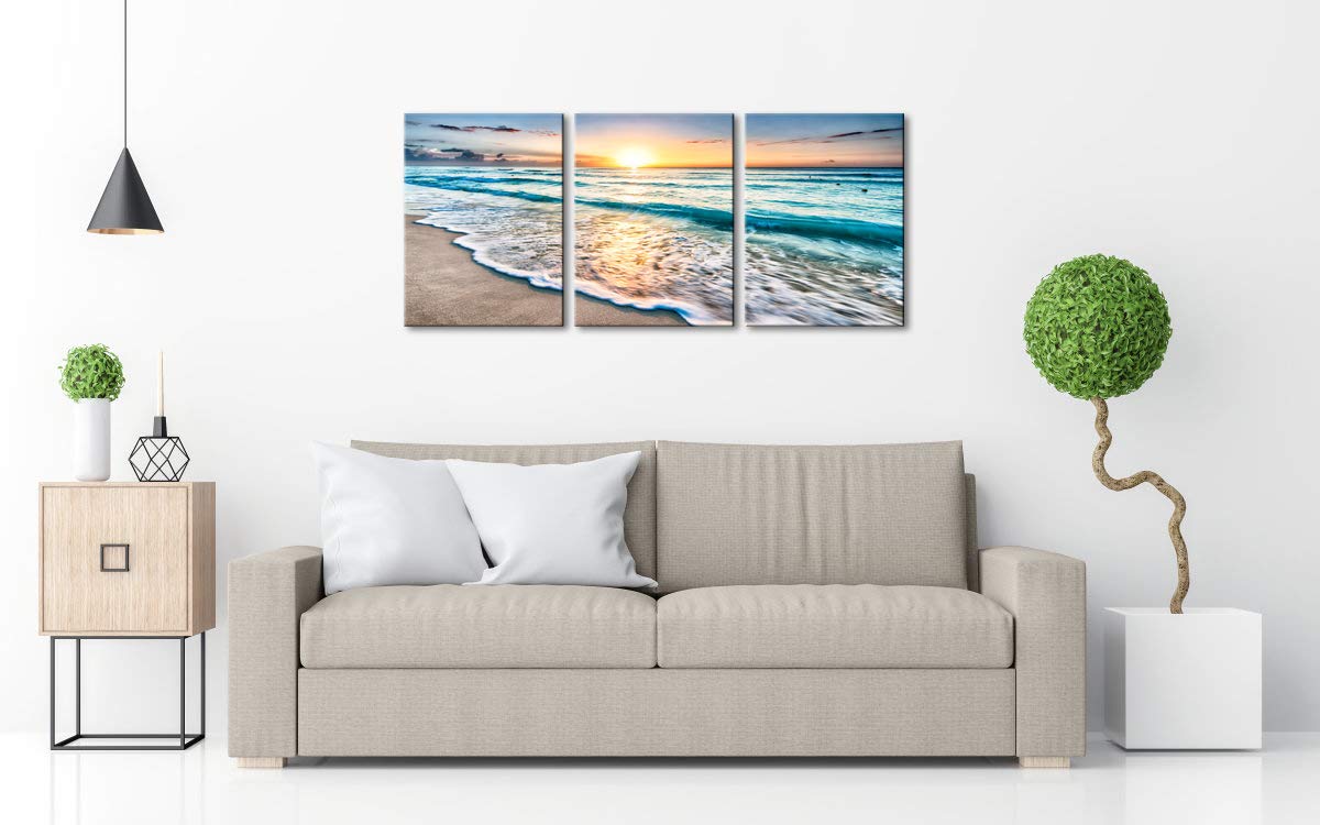 Wieco Art 3 Panel Blue Beach Canvas Wall Art For Home Decor Sunset White Wave Beach Pictures On Canvas Sea View Canvas Prints Ar
