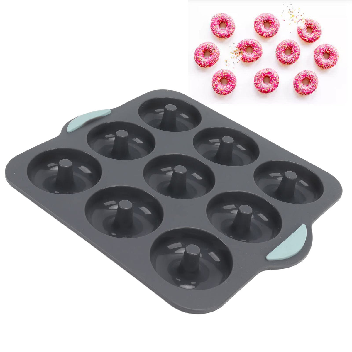 Silicone Donut 9 Cavity Non Stick Food Grade Heat Tolerance Doughnut Pan Set For Cake Biscuit Bagels Muffins Baking (Dark Gray)