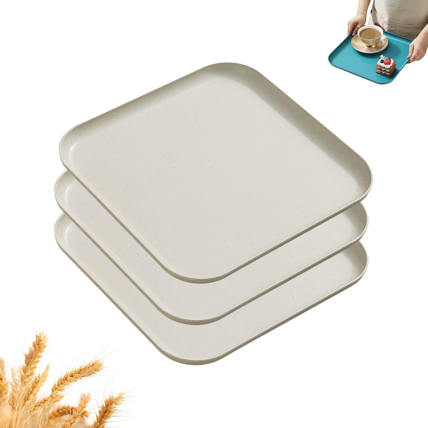 Rasavati Wheat Straw Serving Trays, Beige 3Pcs Square Cafeteria Trays Plastic Fast Food Tray For Diy Projects, Rectangular Servi
