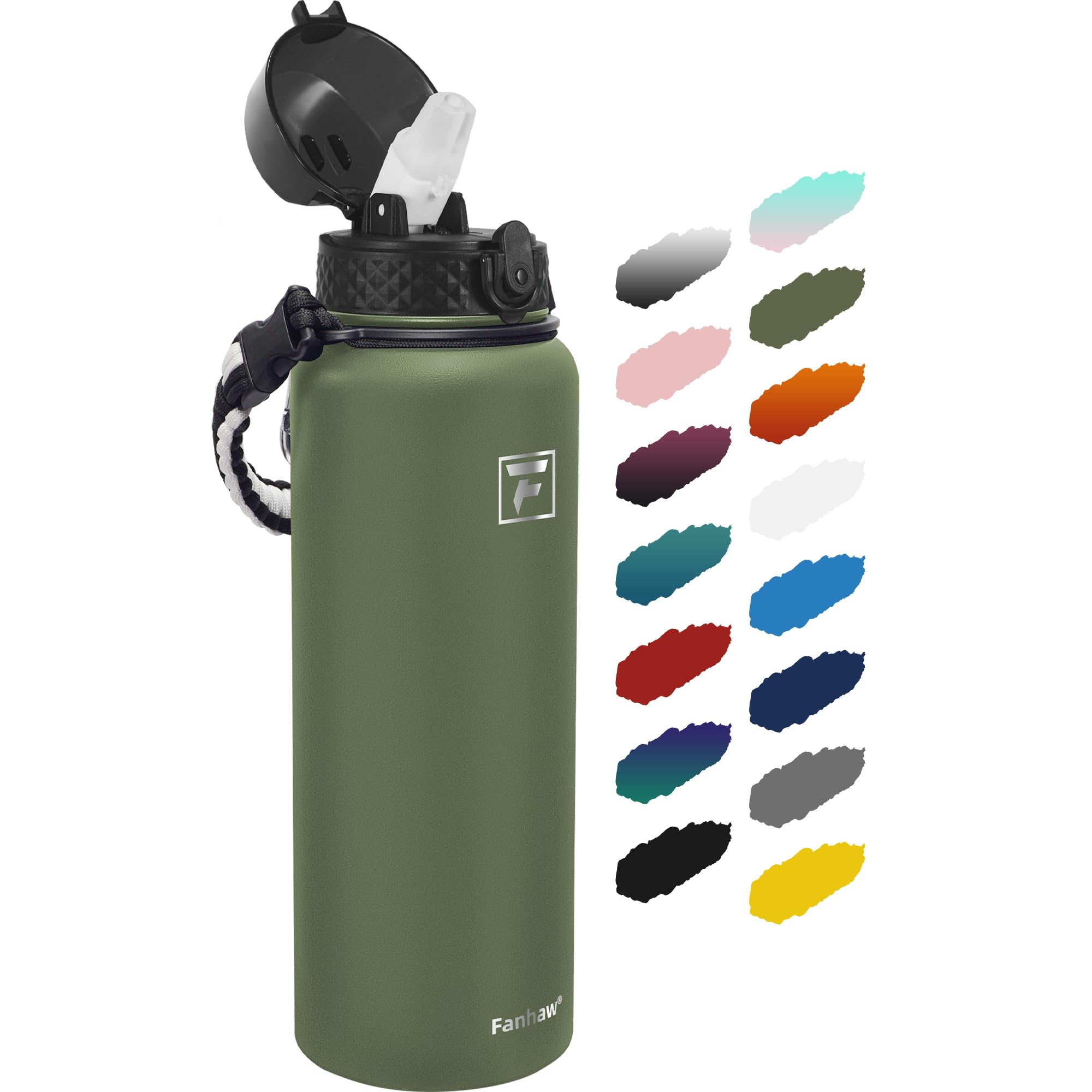 Fanhaw 40 Oz Stainless Steel Insulated Sports Water Bottles with Straw for Kids, Men and Women (Olive Green)