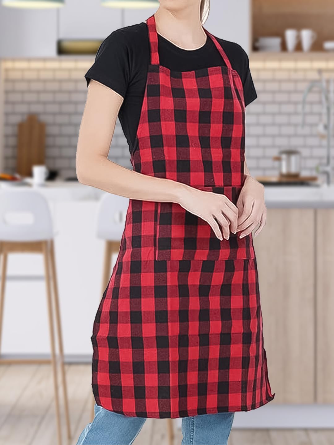 Kanushi Industries Apron For Kitchen Waterproof With Front Pocket (Apron1Pcredcottoncheck)