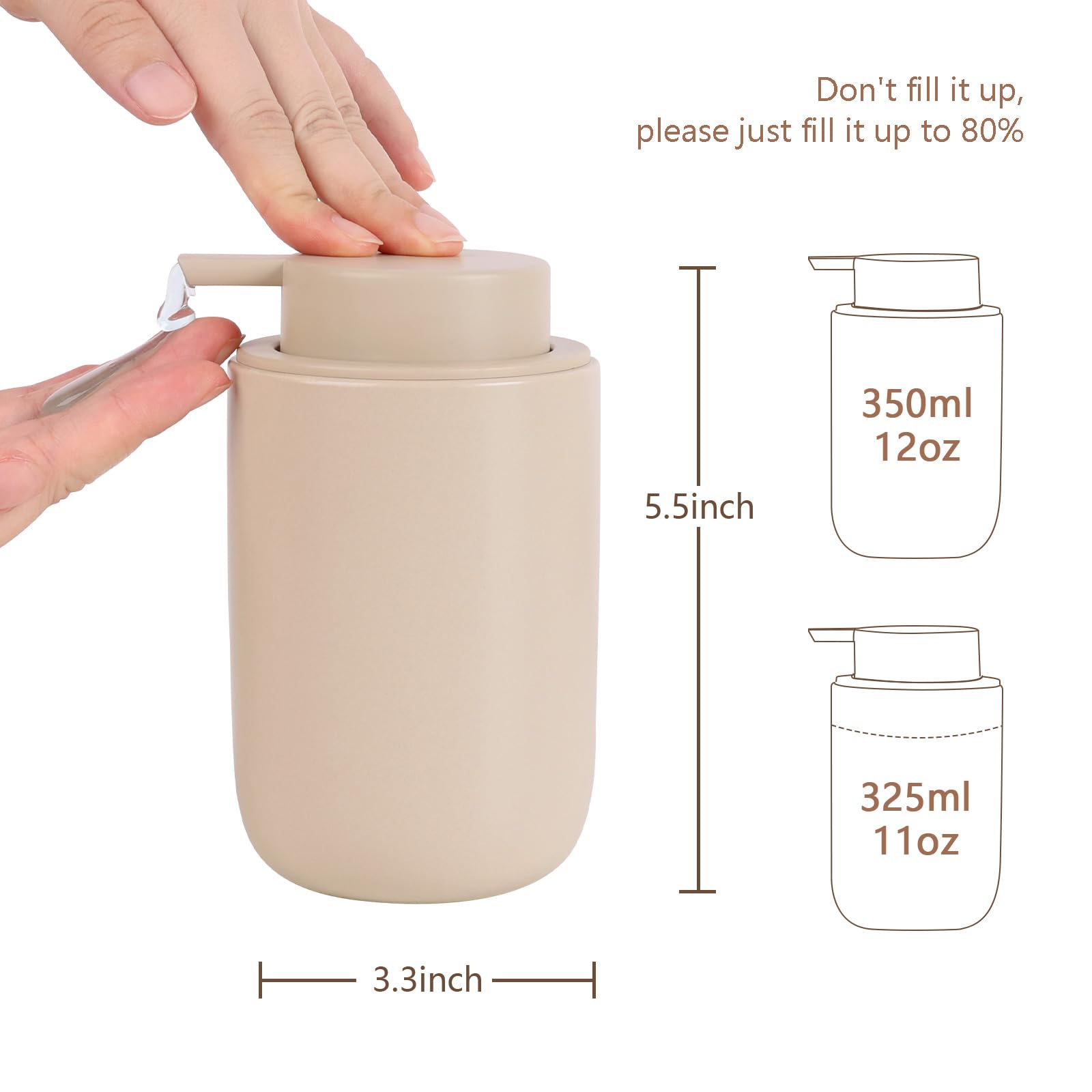 Bosilunlife Khaki Soap Dispenser Set - 2 Pack 12Oz Ceramic Dish Soap Dispenser With Rust Proof Pump For Kitchen, Hand Soap And L