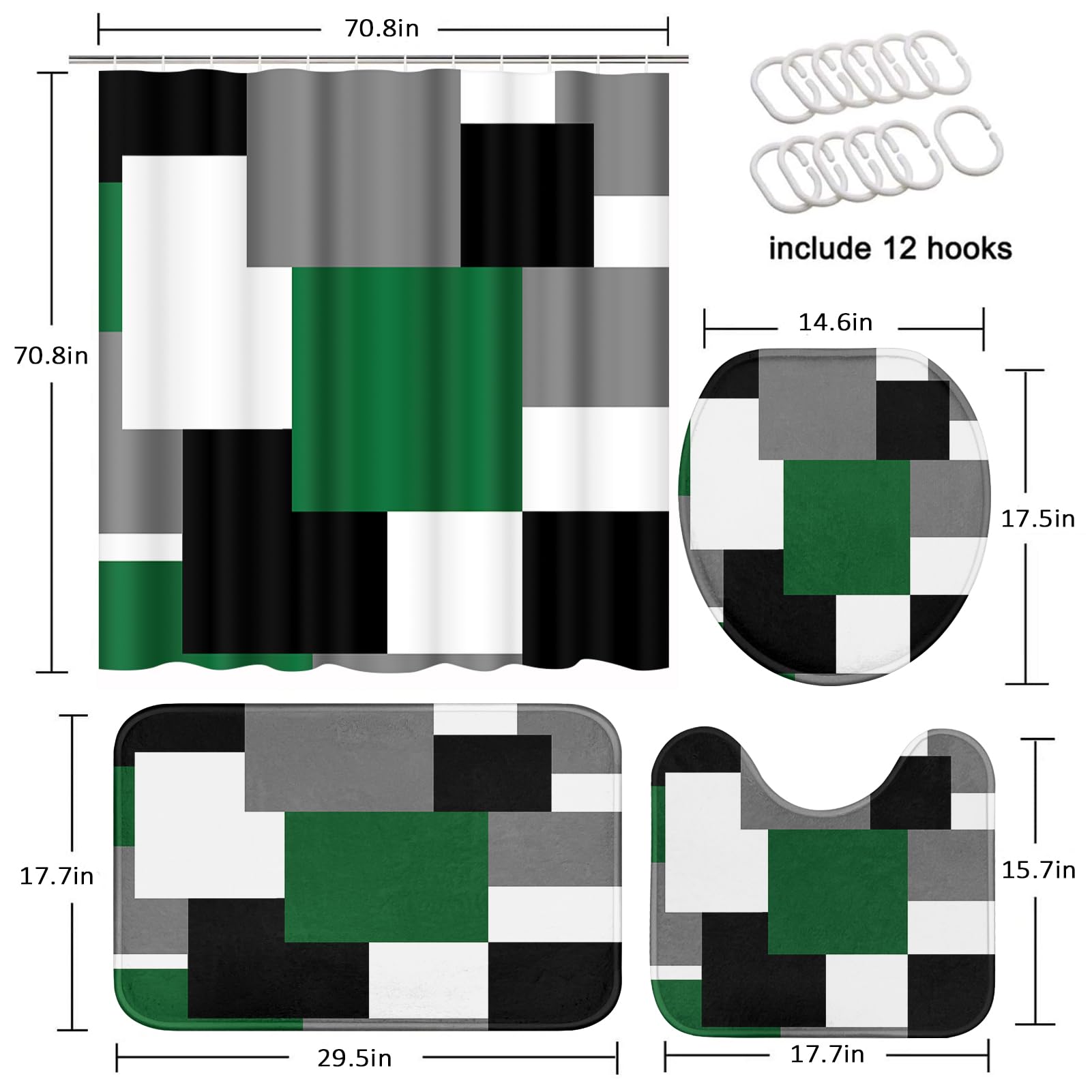 Tayney Green Geometric Shower Curtain Set With Toilet Lid Cover And Non-Slip Rugs For Bathroom, Grey Black White Checkered 4 Pcs