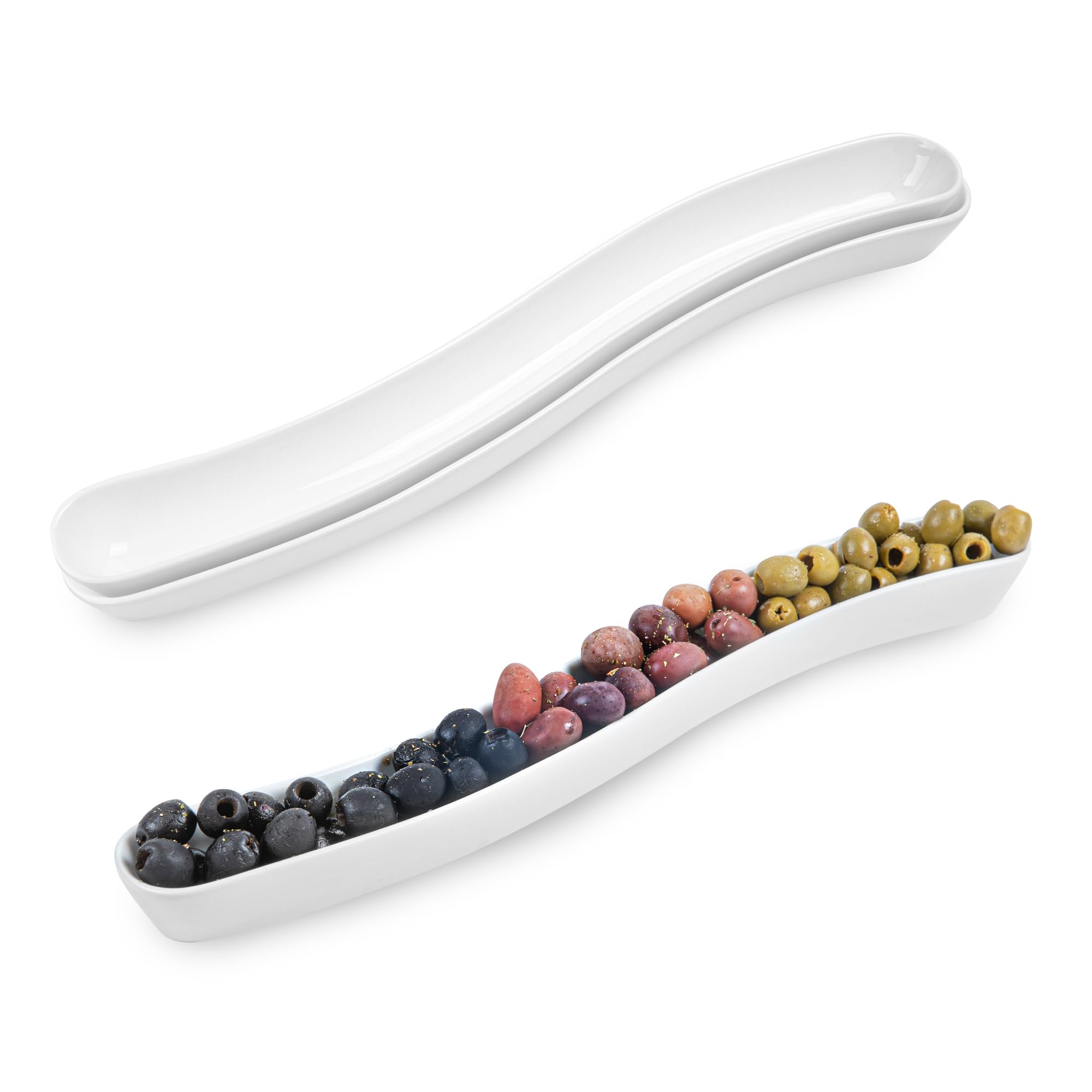 Restaurantware Swerve 14 Ounce Olive Plate 1 Curved Olive Tray - Small Chip Resistant White Porcelain Olive Canoe Dishwasher Saf