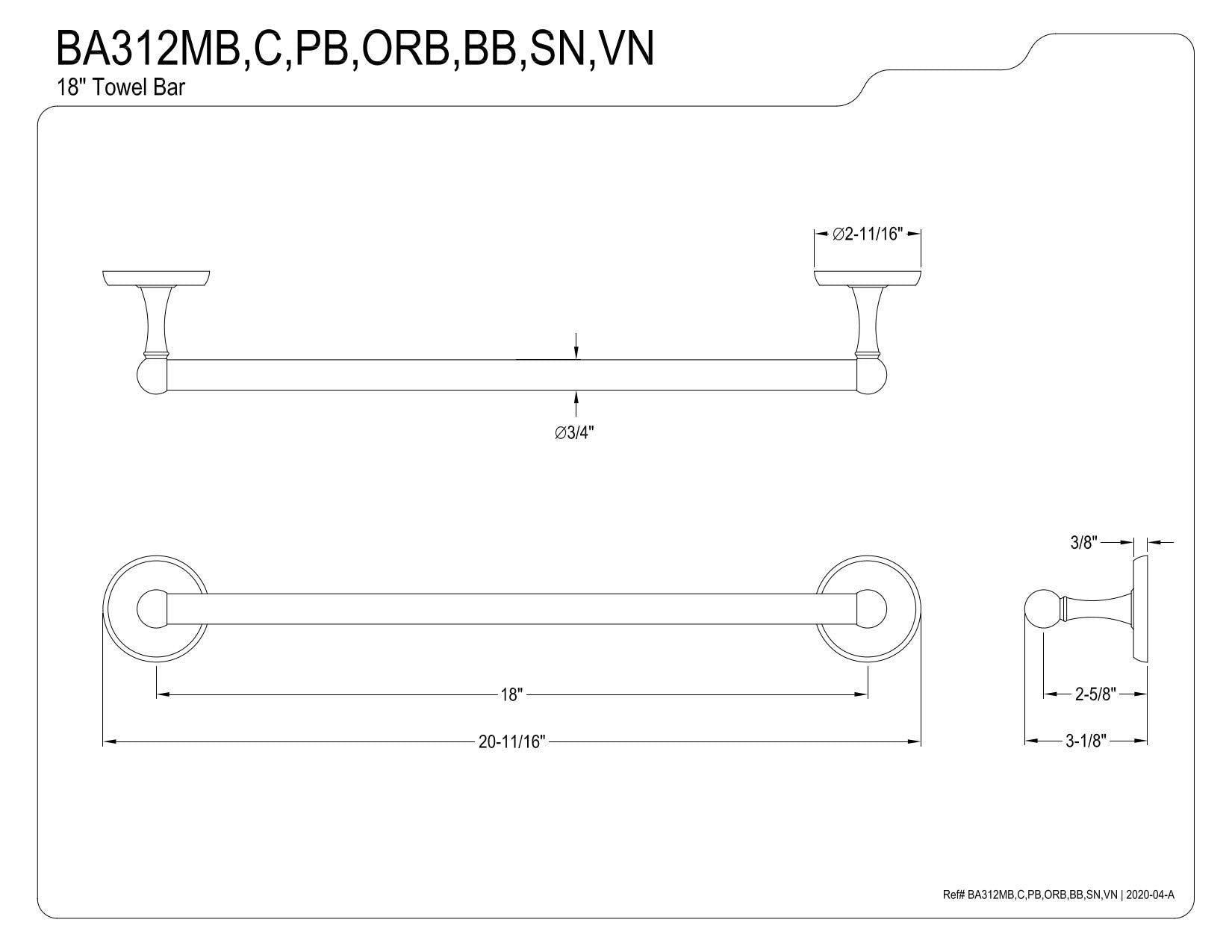 Kingston Brass BA312C Classic 18'' Towel Bar  Polished Chrome