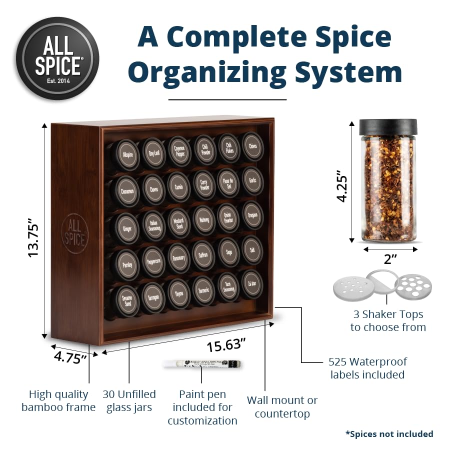 AllSpice Wood Spice Rack, Includes 30 4oz Jars- Walnut Stain
