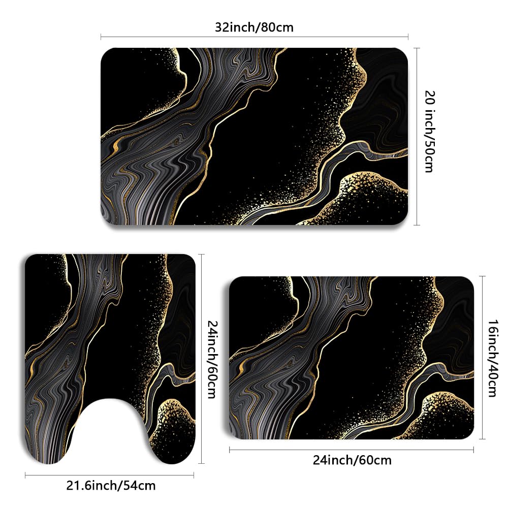 Black Gold Bathroom Rugs Sets 3 Piece Abstract Bath Mat Sets Thin Rubber Diatomaceous Earth Quick Dry Rugs Water Absorbent Floor