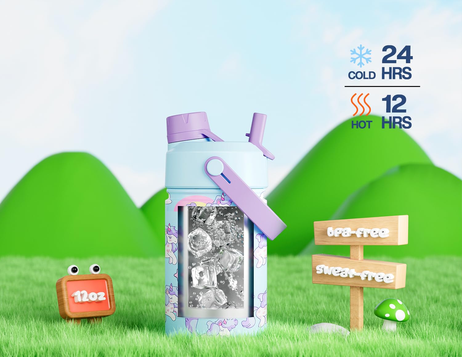 12 oz Kids Stainless Steel Water Bottle: 2-in-1 Straw Spout Lid, Leakproof, BPA-Free, Easy Clean, Keep Cold 24H, Insulated Cup w