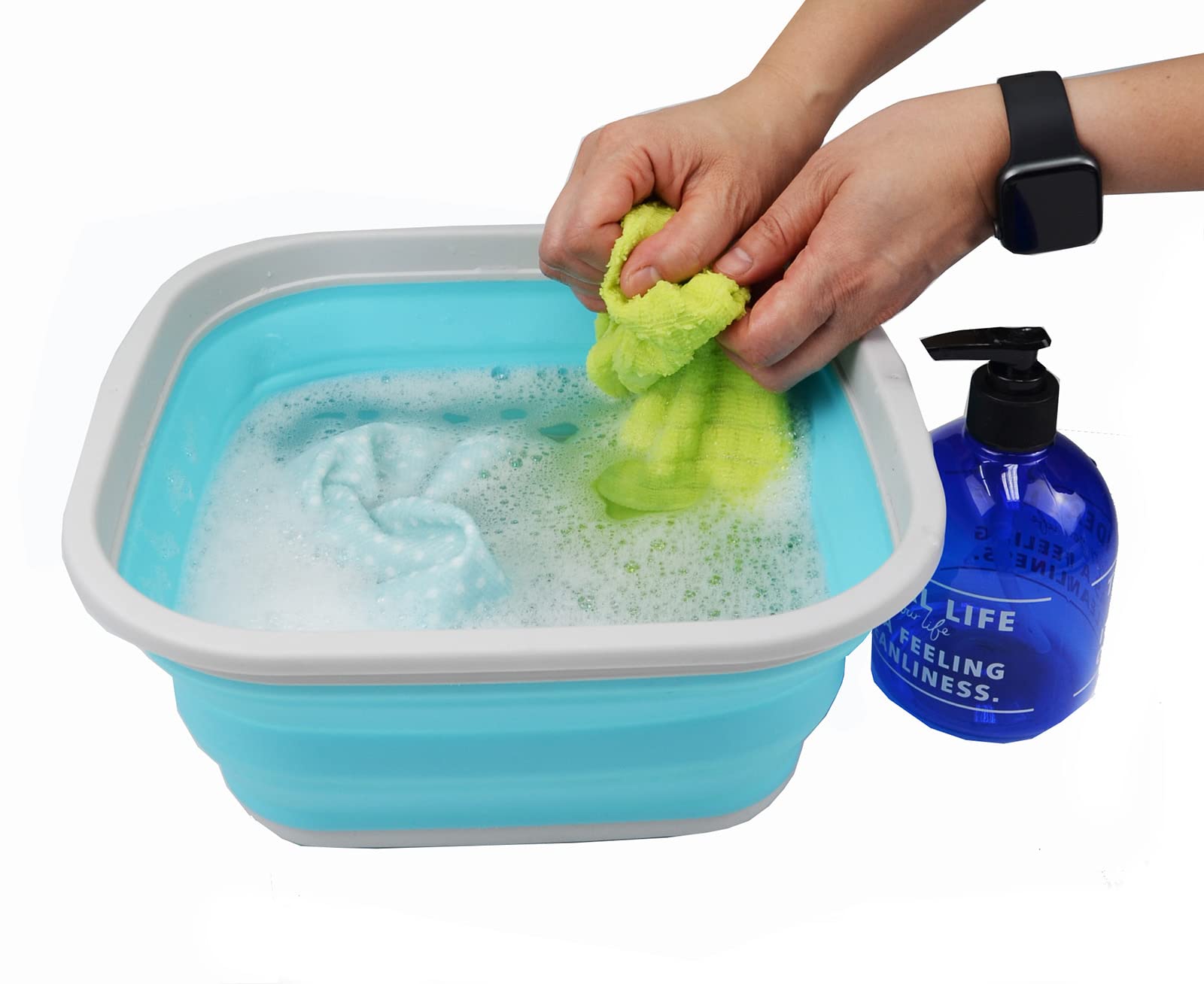 SAMMART 5.5L (1.4 Gallons) Collapsible Tub - Foldable Dish Tub - Portable Washing Basin - Space Saving Plastic Washtub (Grey/Cyanine  1)