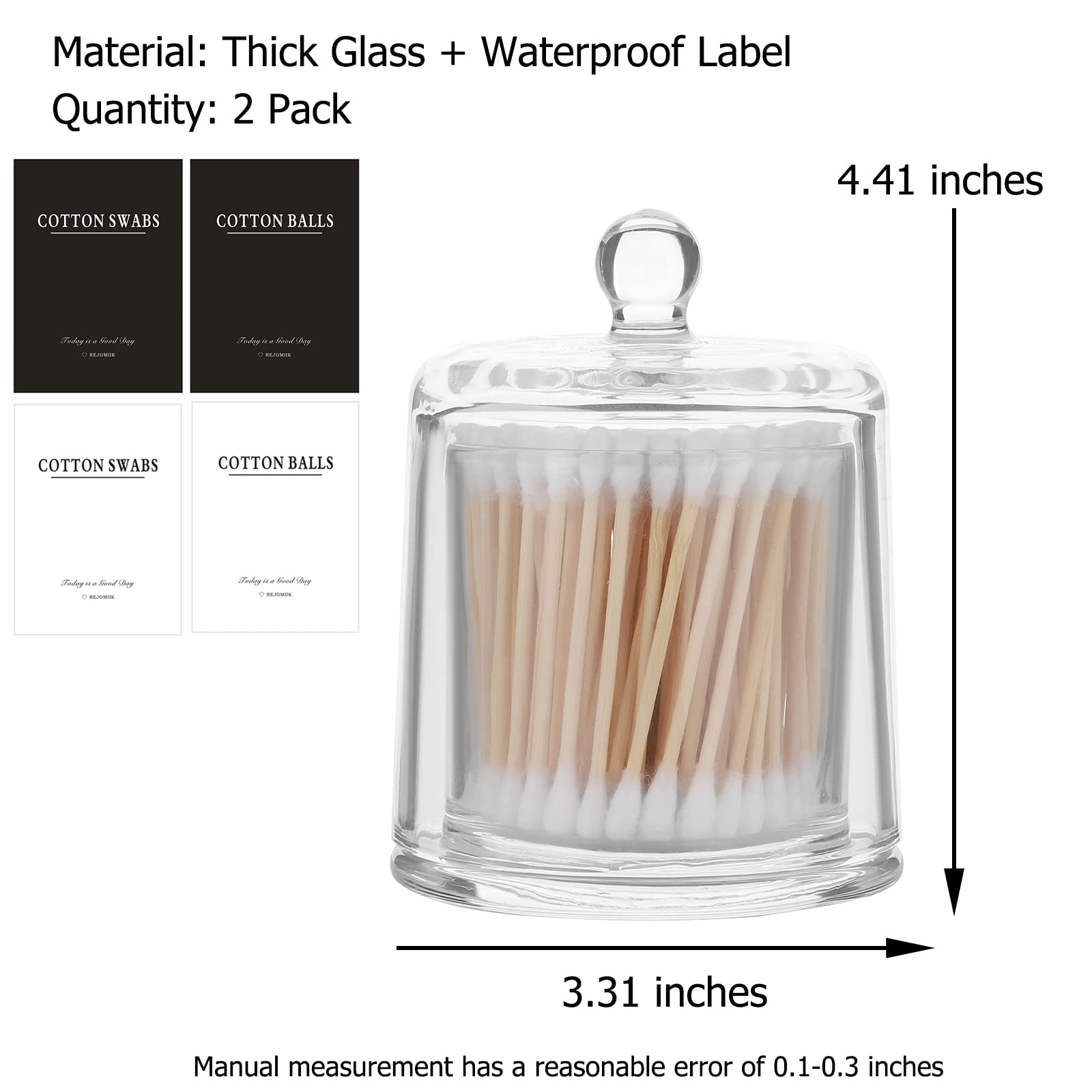 Rejomiik 2 Pack Qtip Holder Thick Glass Apothecary Jars With Lid For Bathroom Accessories Vanity Organizers And Makeup Storage F