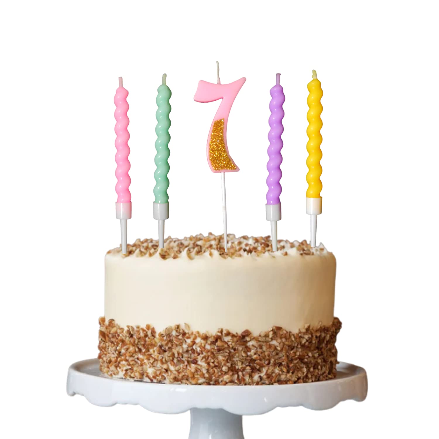 Party Decorz Number 7 Candle | Seven Number Candle | Seven Number Pink Glitter Candle with Pastel Twisted Candle Set of 5pcs for
