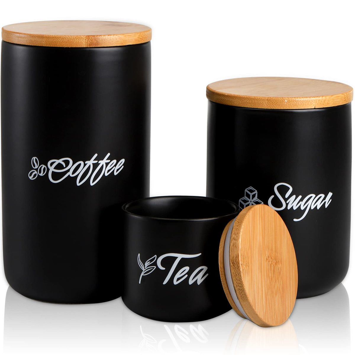 Topzea Set Of 3 Black Kitchen Canisters, Ceramic Coffee Sugar Tea Canisters Cylinder Set With Bamboo Lid Airtight Containers, Ki