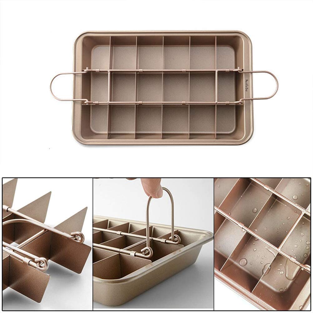Kofebe Brownie Pan, Non-Stick Carbon Steel, 12x8 in, 18 Pre-Slice Dividers, Bronze