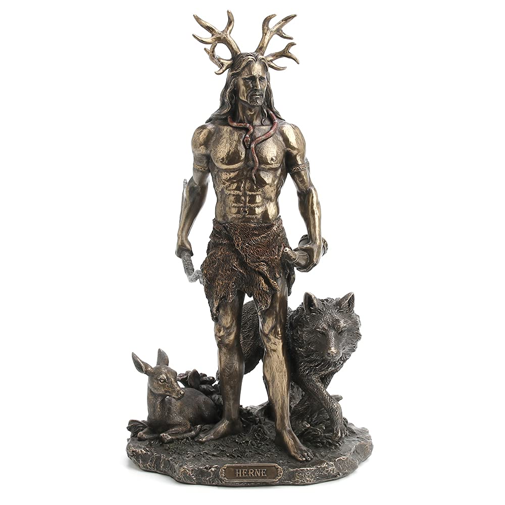 Veronese Design 11 3/4 Inch Tall Herne The Spirit Hunter of Windsor Forest Standing with Deer and Wolf Cold Cast Bronzed Resin S