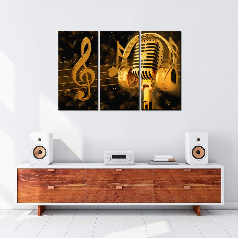 Biuteawal - Music Artistic Paintings Wall Art Gold Metal Microphone And Headset Note Picture Canvas Giclee Print Modern Home Stu