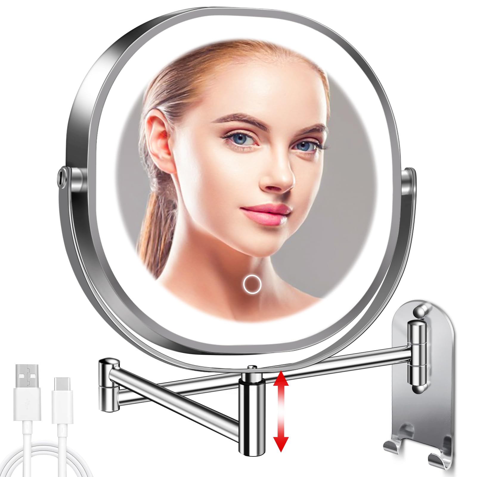 Conlwin 9'' Wall Mounted Lighted Makeup Mirror, 3000Mah Rechargeable Double Sided 1X/10X Magnifying Mirror With Hook, 3 Color Li