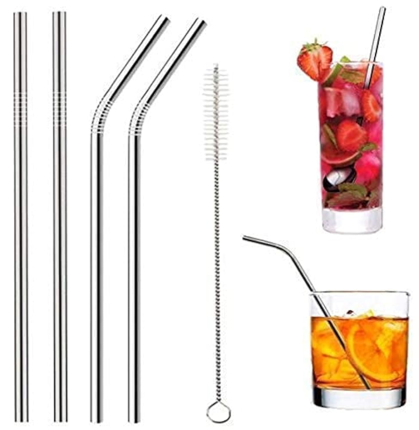 Freshmark Stainless Steel Reusable Drinking Straws Set With Cleaning Brush; Metal Straws For Cold Coffee, Juice, And Milkshake. 