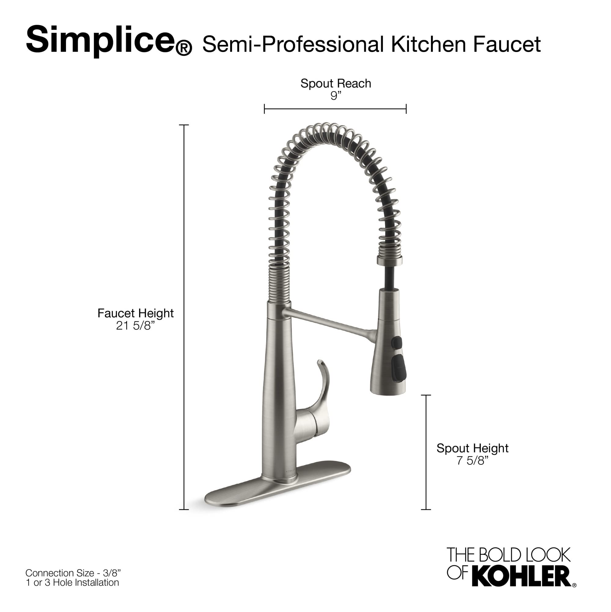 Kohler 22033-Vs Simplice Semi Professional Kitchen Sink Faucet, Pre-Rinse Kitchen & Commercial Faucet, Vibrant Stainless, 9 X