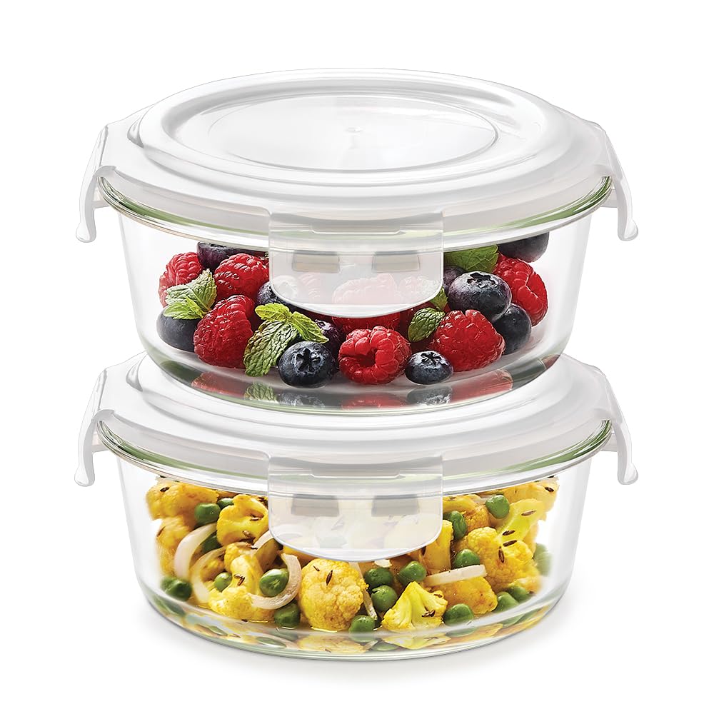 Borosil Klip N Store (950Ml X 2) Round Glass Food Storage Container Set With Air Tight Lid | Borosilicate Glass Container For Lu