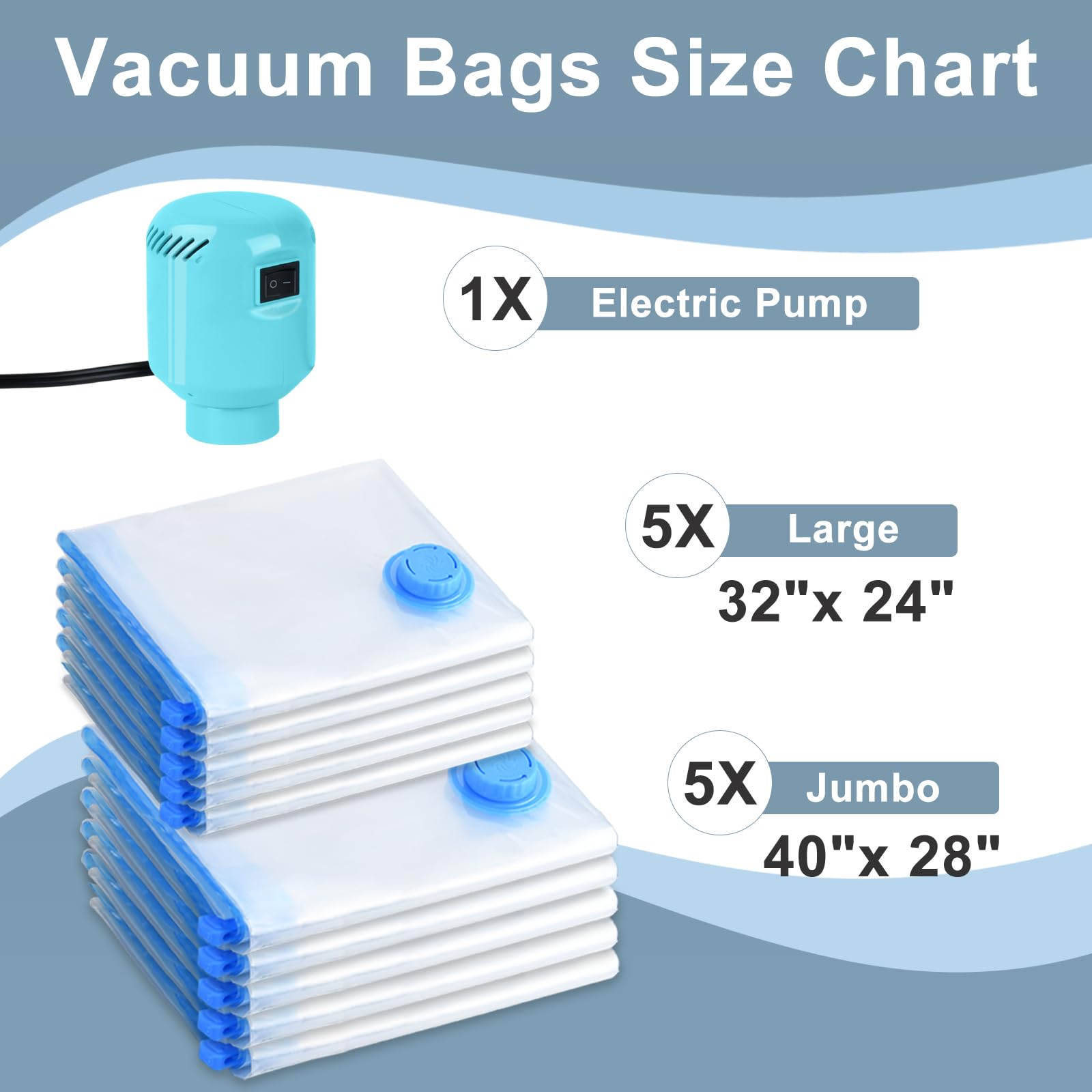Hotbag Large Vacuum Storage Bags With Electric Pump 10 Pack (5 Jumbo/5 Large) Vacuum Seal Bags For Clothing Compression Space Sa