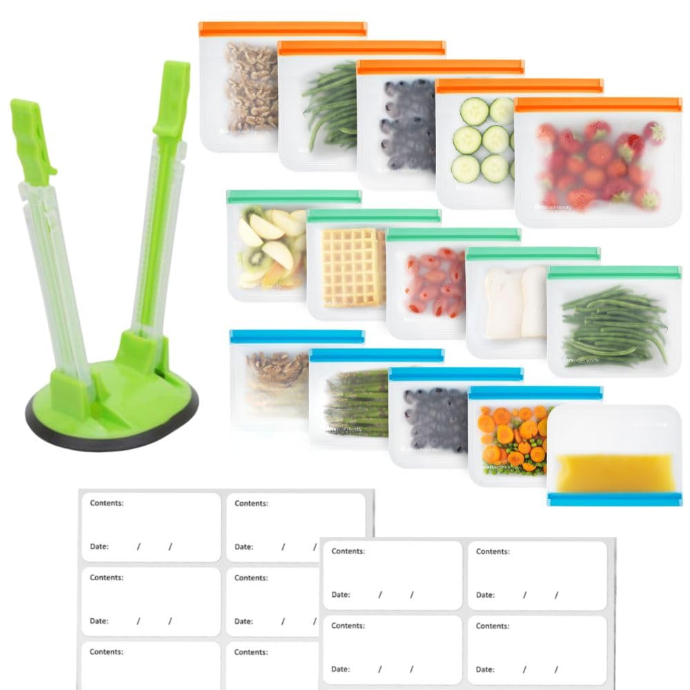 MHSEcoFriendly Meal Prep Storage Kit - 15 Reusable Freezer Bags, Baggy Rack, & 20 Strong Freezer Labels | BPA-Free, Leakproof, &