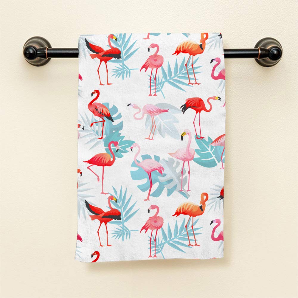 Hgod Designs Flamingo Hand Towels,Tropical Pink Flamingos And Exotic Bird With Palm Leaves 100% Cotton Soft Bath Hand Towels For