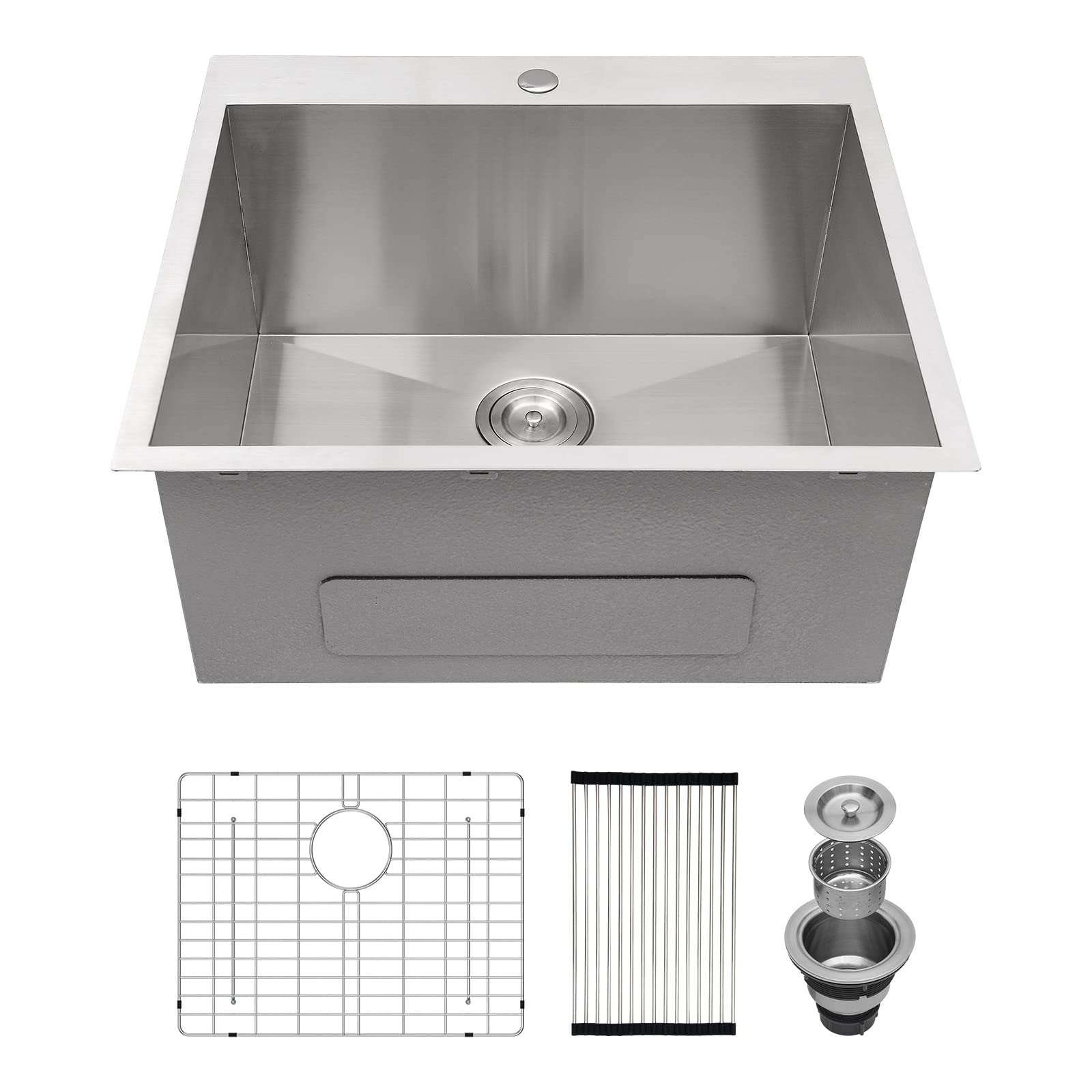Couoko 25 Inch Utility Laundry Sink Drop In Topmount 16 Gauge Stainless Steel Single Bowl 12 In Deep Kitchen Sinks Basin 25x22x1