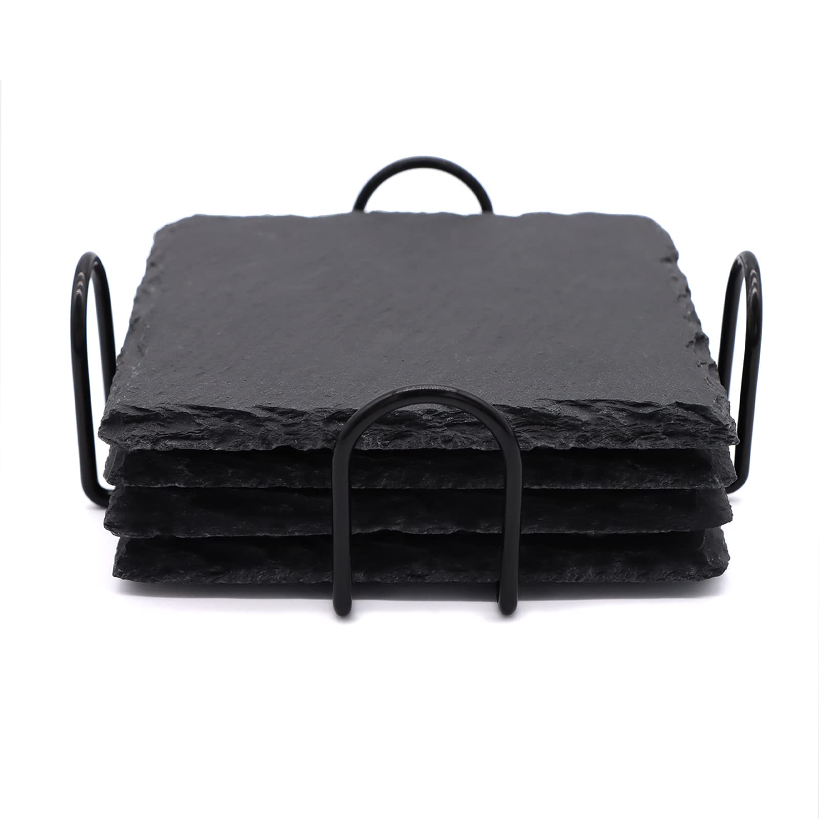 4 Pcs Square Slate Drink Coasters Set, Sijdiee 4 Inch Black Slate Stone Coasters With Anti-Scratch Bottom And Coaster Holder For