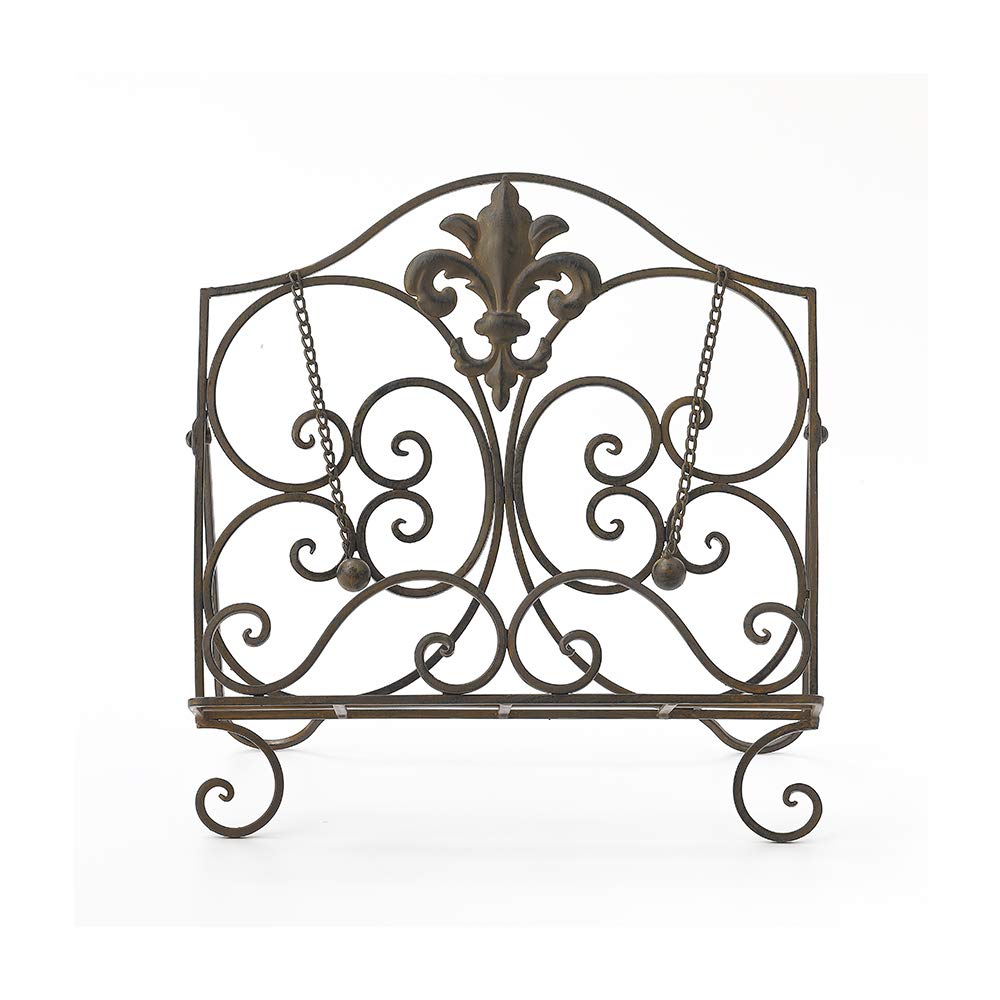 Jemeni Metal Fleur De Lis Cookbook Holder Recipe Stand for Kitchen, Antique Brown Finish