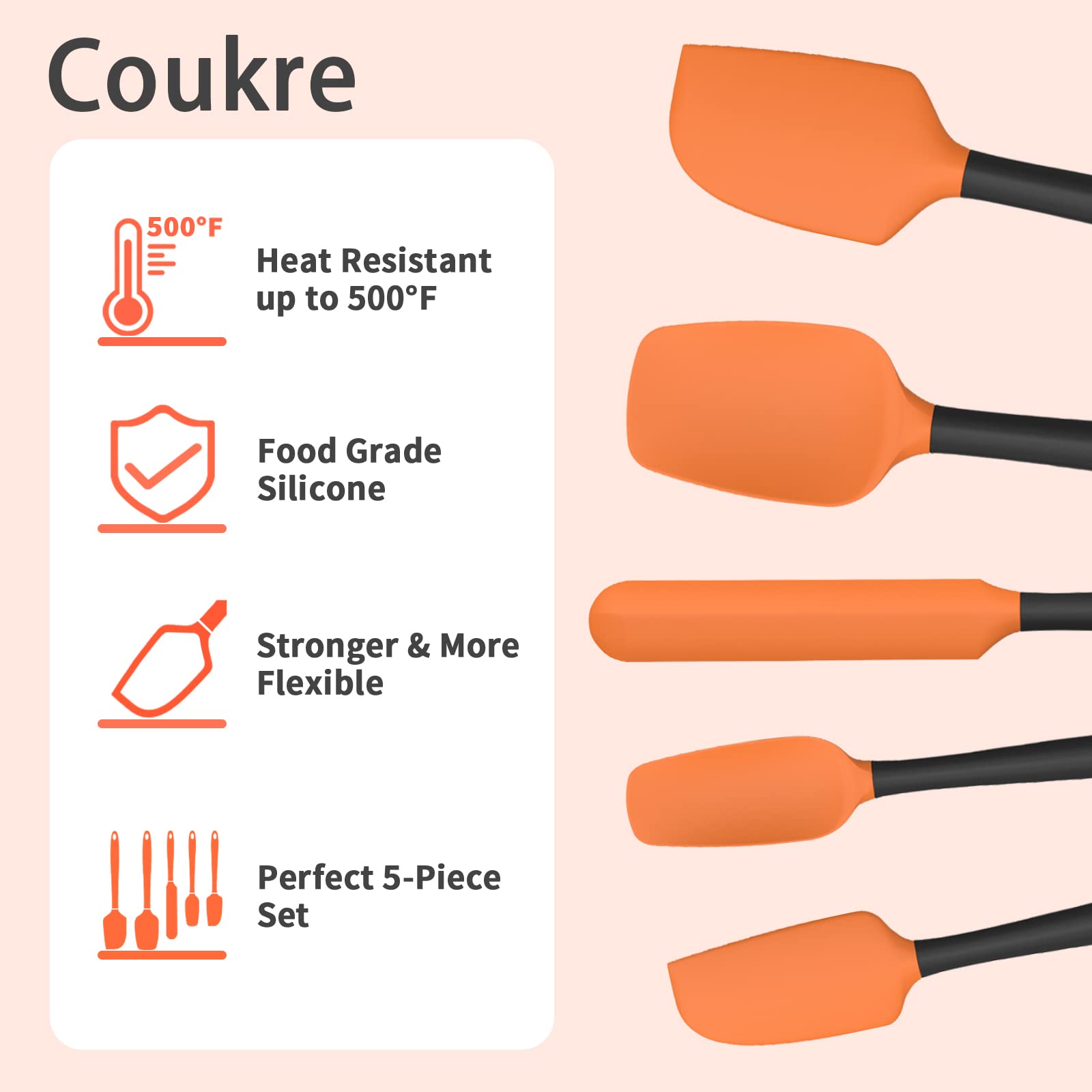 Silicone Spatula Set Of 5,High Temperature Resistant, Food Grade Silicone, Dishwasher Safe, For Baking Cooking (Orange)