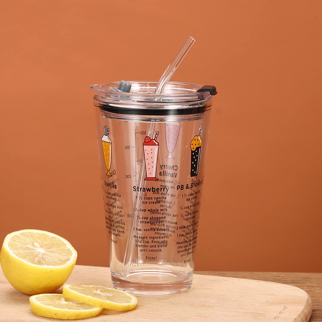 NGEL Multipurpose Drinking Glass Measuring Mug/Cup with Silicone Straw and Glass Lid/Travel Mug/Glass Mug/Coffee Mug