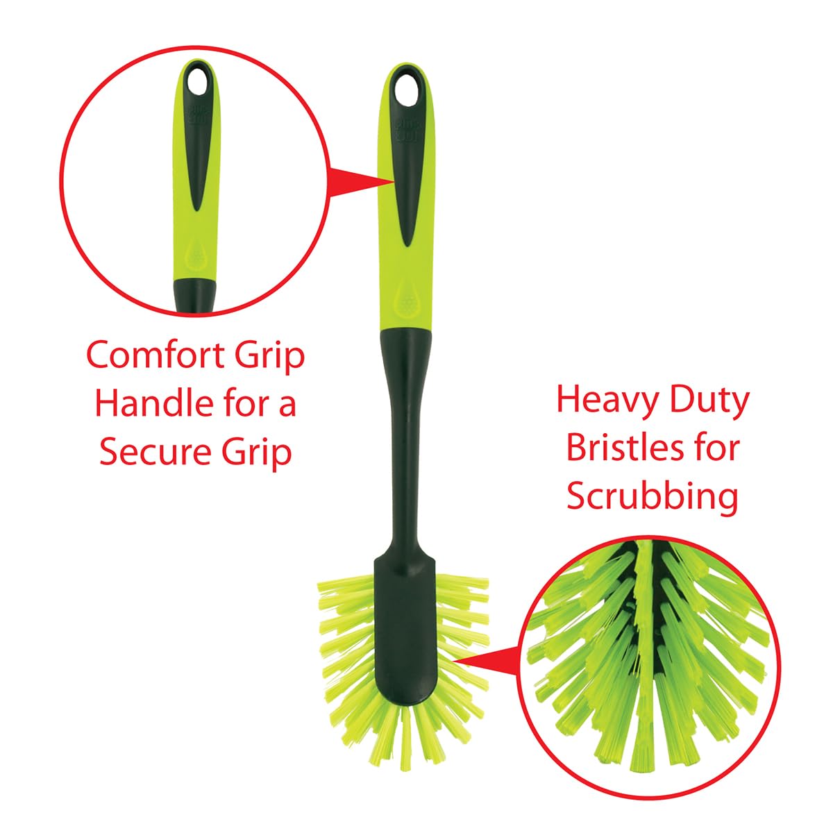 Pine-Sol Long Handle Dish Brush - Heavy Duty Bristle Kitchen Scrubber, Safe With Non-Stick Cookware, Oblong, Green