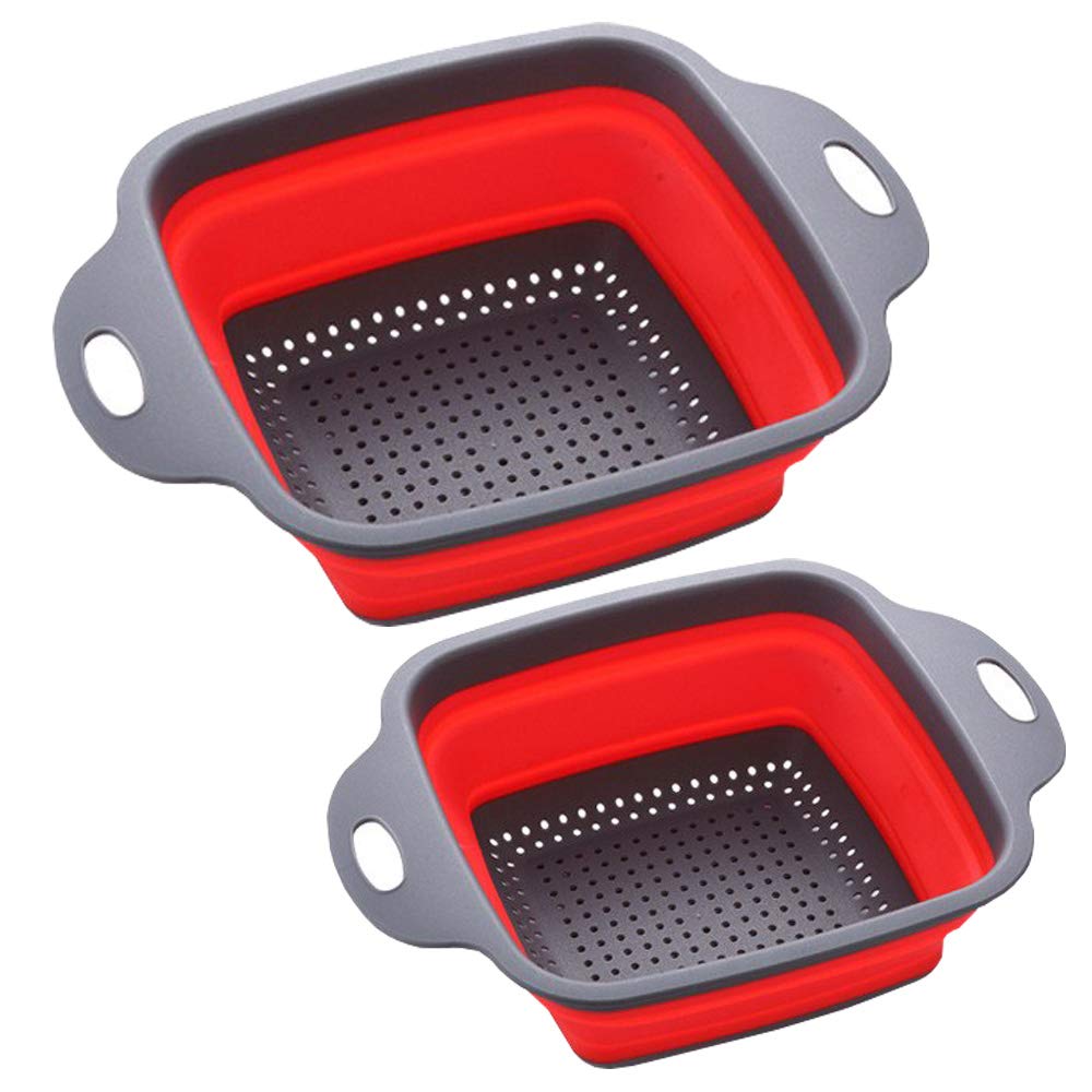 Square Collapsible Colander Set,2 Collapsible Colanders (Strainers) Set By Hdhyk - Includes 2 Folding Strainers (Red & Grey)