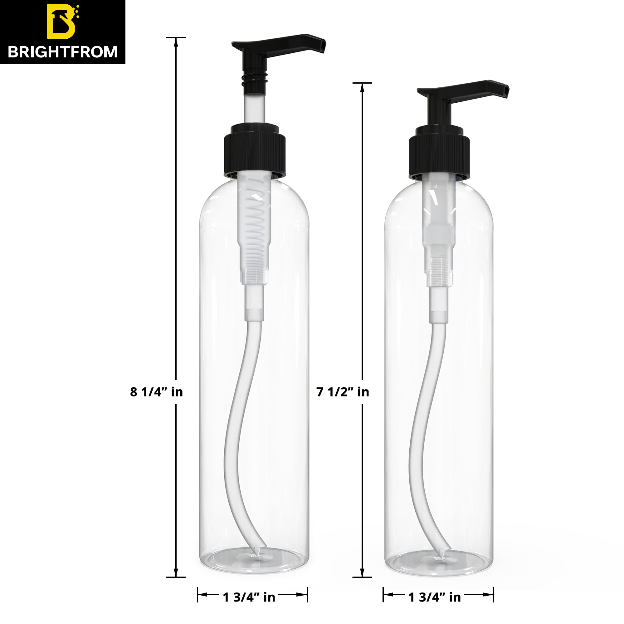 BRIGHTFROM Lotion Pump Bottles  Empty 8 OZ  BPA-Free Refillable Plastic Containers  Clear with Black Dispenser for - Soap  Shampoo  Lotions  Liquid Body Soap  Creams and Massage Oil (2 PACK)