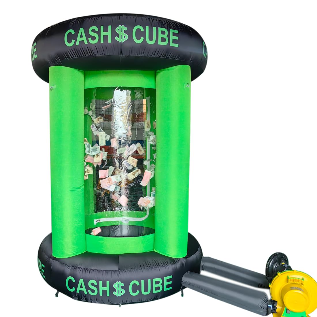 Green Inflatable Cash Cube Booth Inflatable Cube Cash Grab Machine Fast Money Booth Money Grab Machine with 2 Blowers for Promot