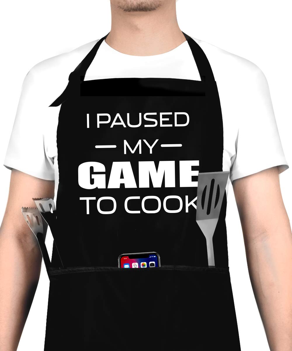 I Paused My Game To Cook  Funny Cooking Apron For Men, Women  Adjustable Bib Grill Aprons With 3 Pockets Mothers Day, Fathers