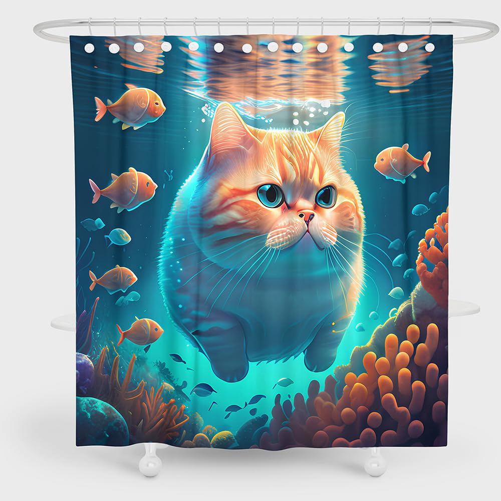 Dds-Dudes Cute Cat Shower Curtain Set For Kids Bathroom, Funny Orange Garfield Swimming And Fish In Sea Fabric Decor Waterproof