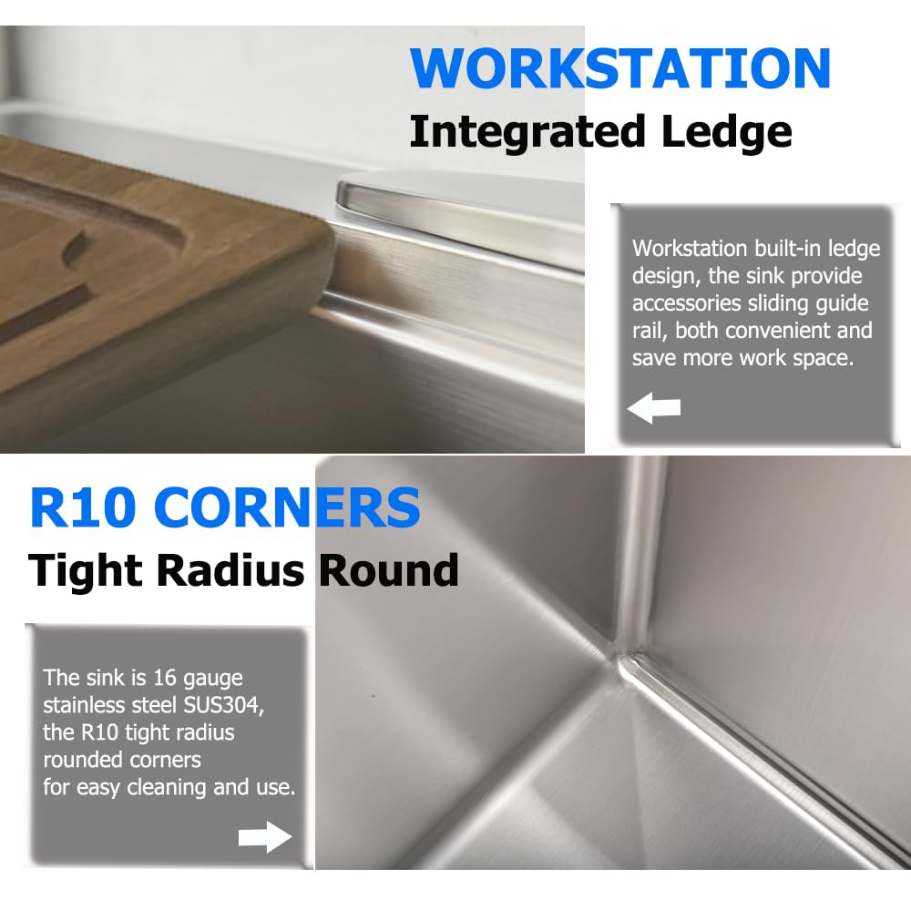 33-Inch Drop In Kitchen Sink Workstation, Boomhoze 33X19 Topmount Drop-In Kitchen Sink 16 Gauge Stainless Steel Kitchen Sink Han