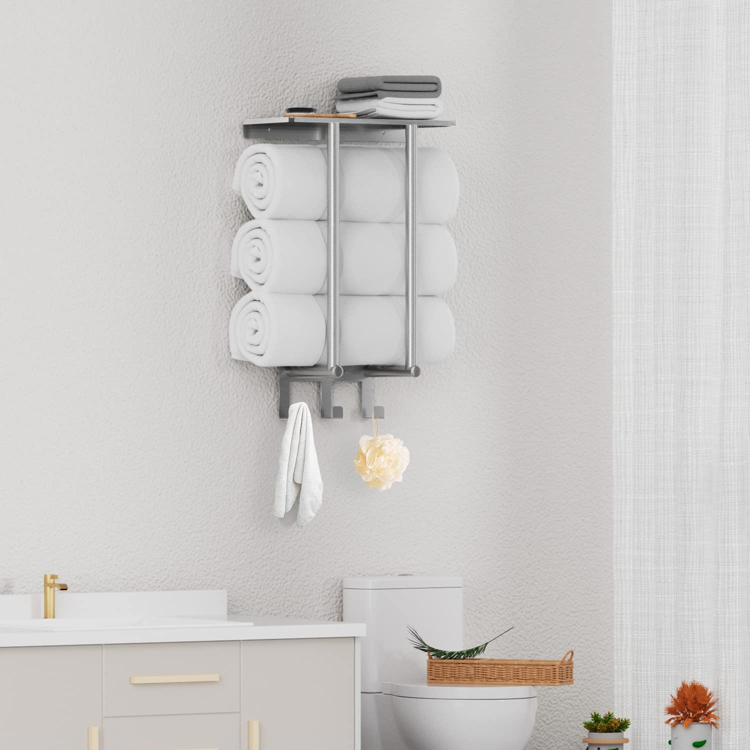Towel Racks For Bathroom Wall Mounted, Bethom Towel Rack With Shelf & 3 Hooks, Brushed Nickel Towel Storage Holder Wall For Larg