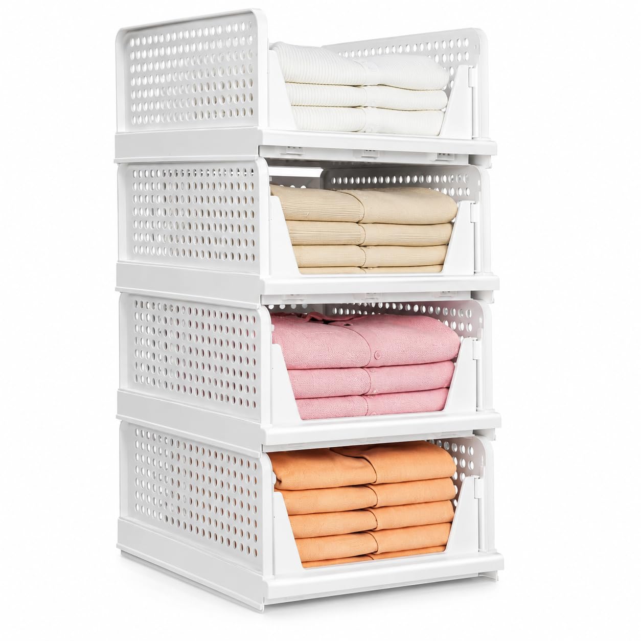 Markwell 4 Layer Stackable Wardrobe Storage Box, Plastic Sliding Drawer Organizer, Foldable Clothes Shelf Baskets, Folding Cube 