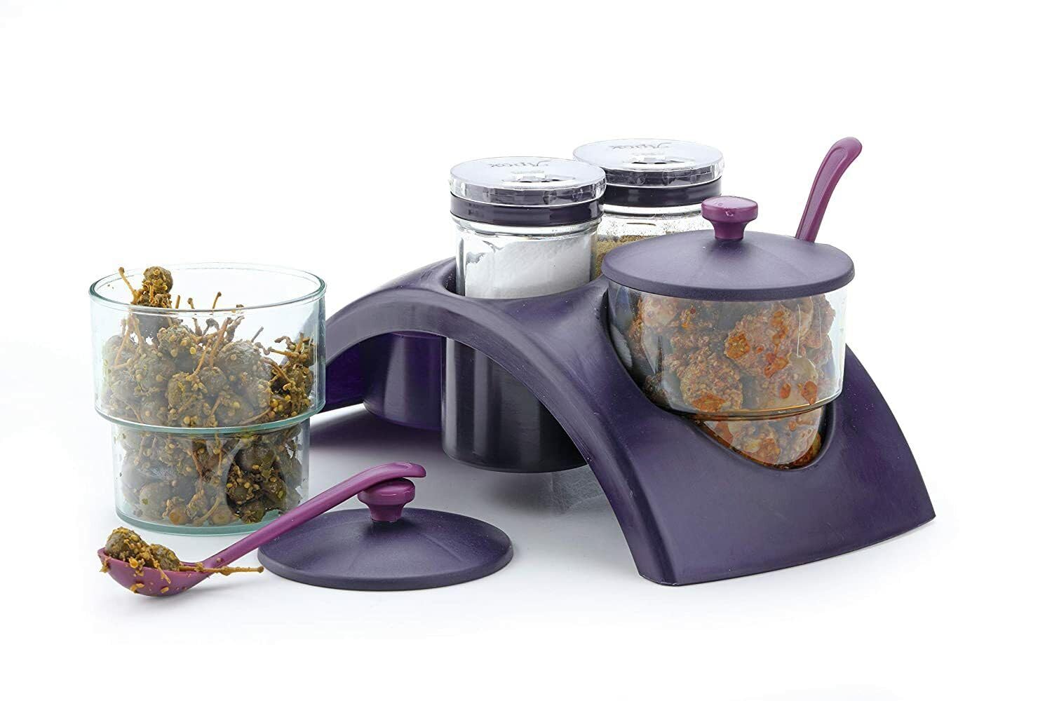 Soniqe Pickle/Achar Jar Set 2 With Spoon, Salt & Pepper Set 2 For Dining Table Stand (4 In 1)
