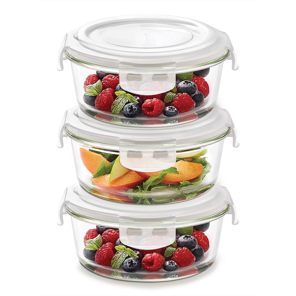 Borosil Klip N Store (620Ml X 3) Round Glass Food Storage Container Set With Air Tight Lid | Borosilicate Glass Container For Lu
